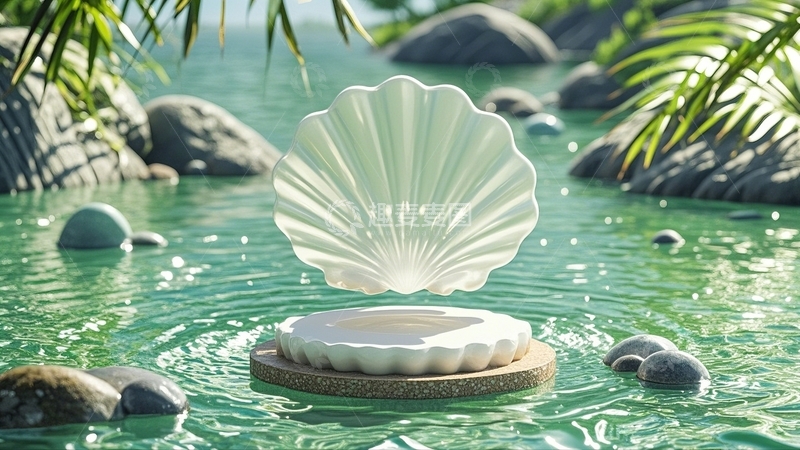 高清大图下载【趣麦麦图】绿色贝壳展台背景2