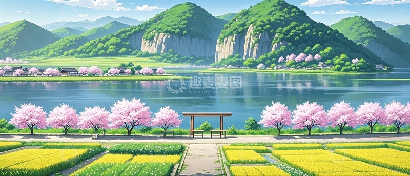 高清大图下载【趣麦麦图】樱花油菜花田背景2