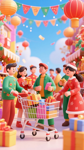 电商广告背景图购物的人群喜庆欢乐多人