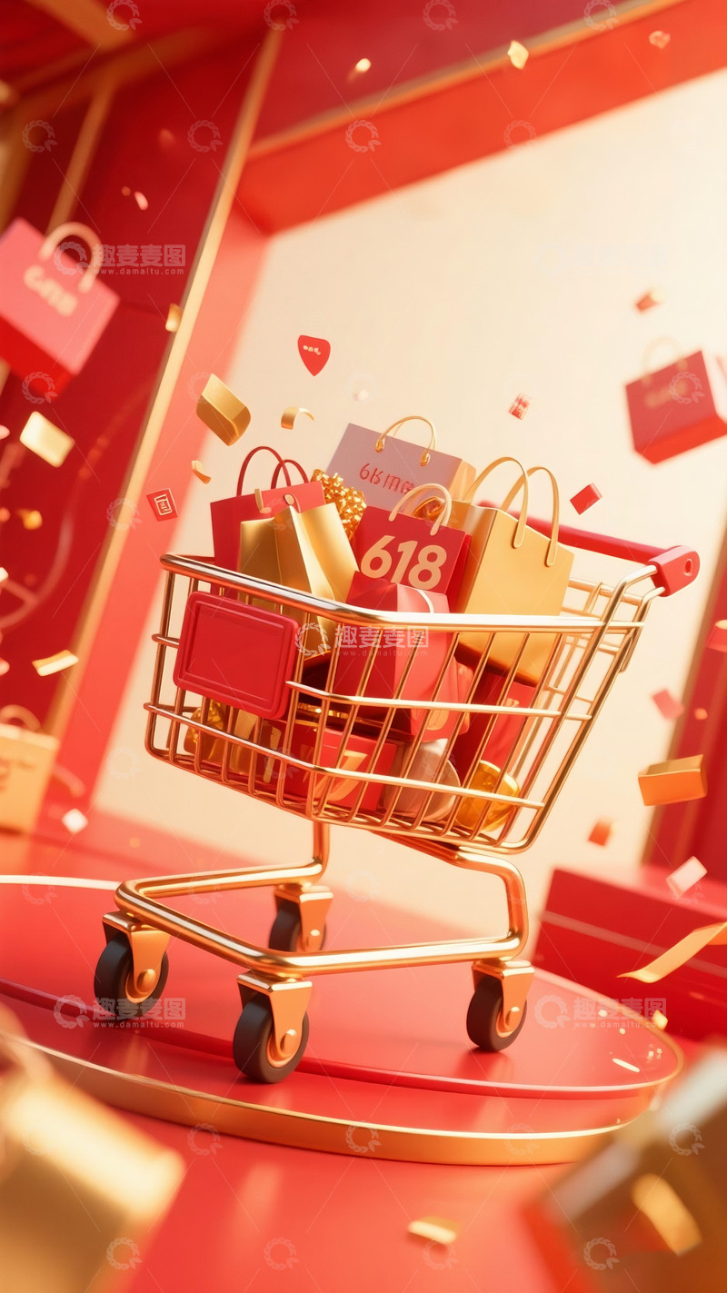 高清大图下载【趣麦麦图】电商广告背景图购物车红色金色喜庆