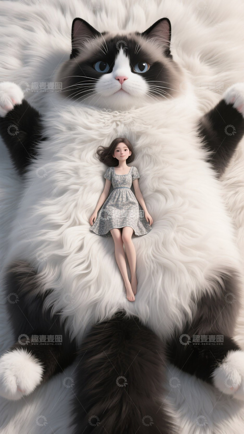 高清大图下载【趣麦麦图】睡在大猫猫上