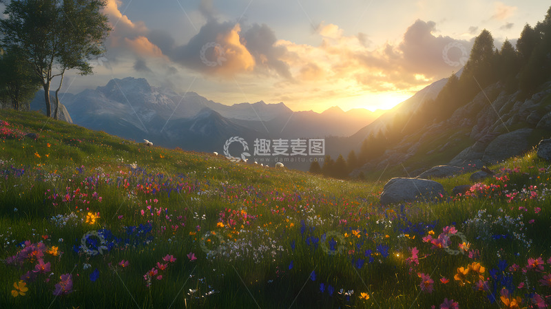 高清大图下载【趣麦麦图】山间的花草插画素材背景2