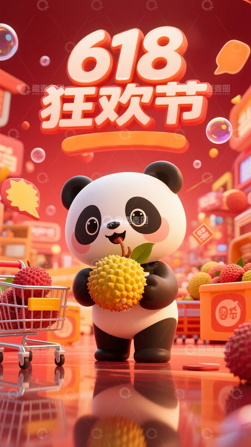 高清大图下载【趣麦麦图】618电商促销图熊猫荔枝喜庆购物欢乐
