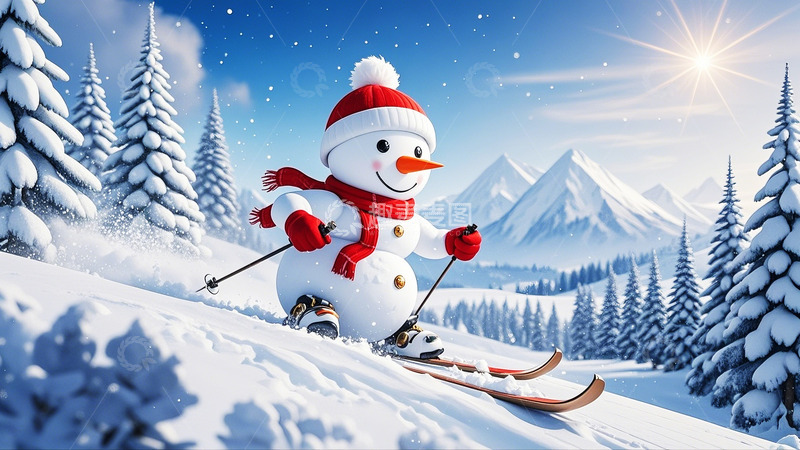 高清大图下载【趣麦麦图】冬季冬天可爱雪人滑雪4