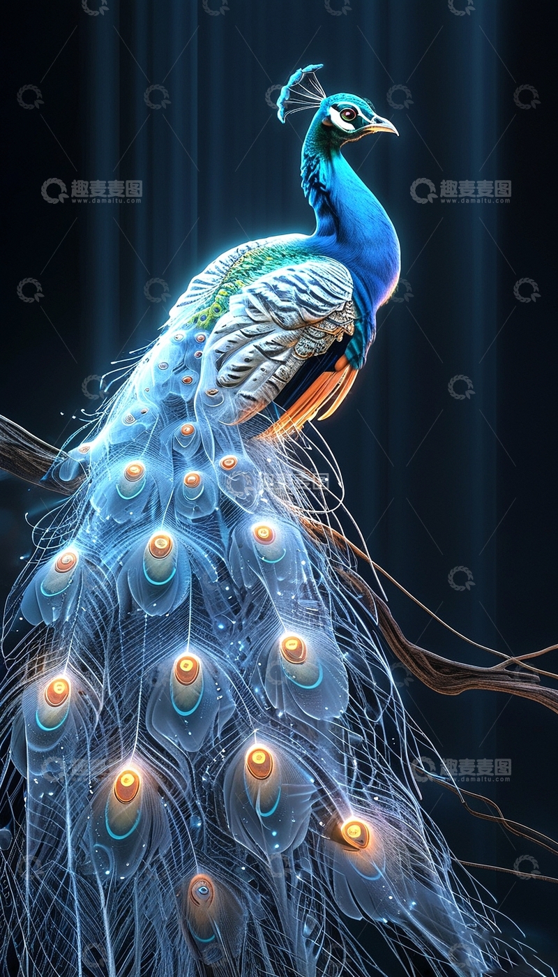 高清大图下载【趣麦麦图】赛博朋克风孔雀
