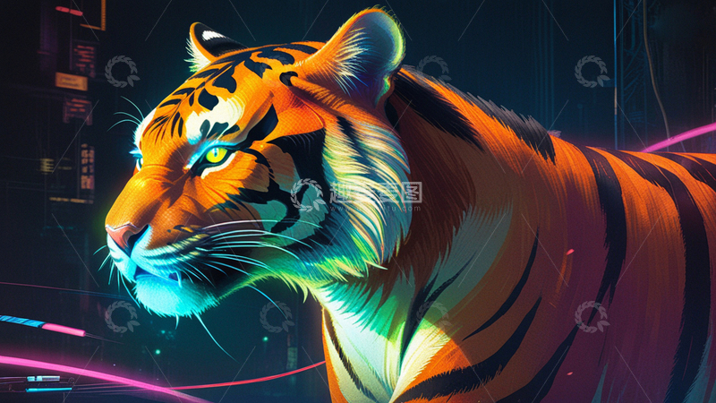 高清大图下载【趣麦麦图】赛博朋克风老虎