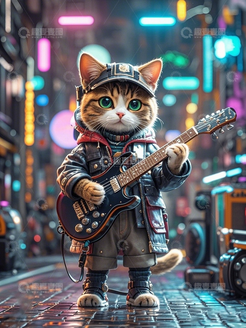 高清大图下载【趣麦麦图】赛博朋克小猫弹吉他1