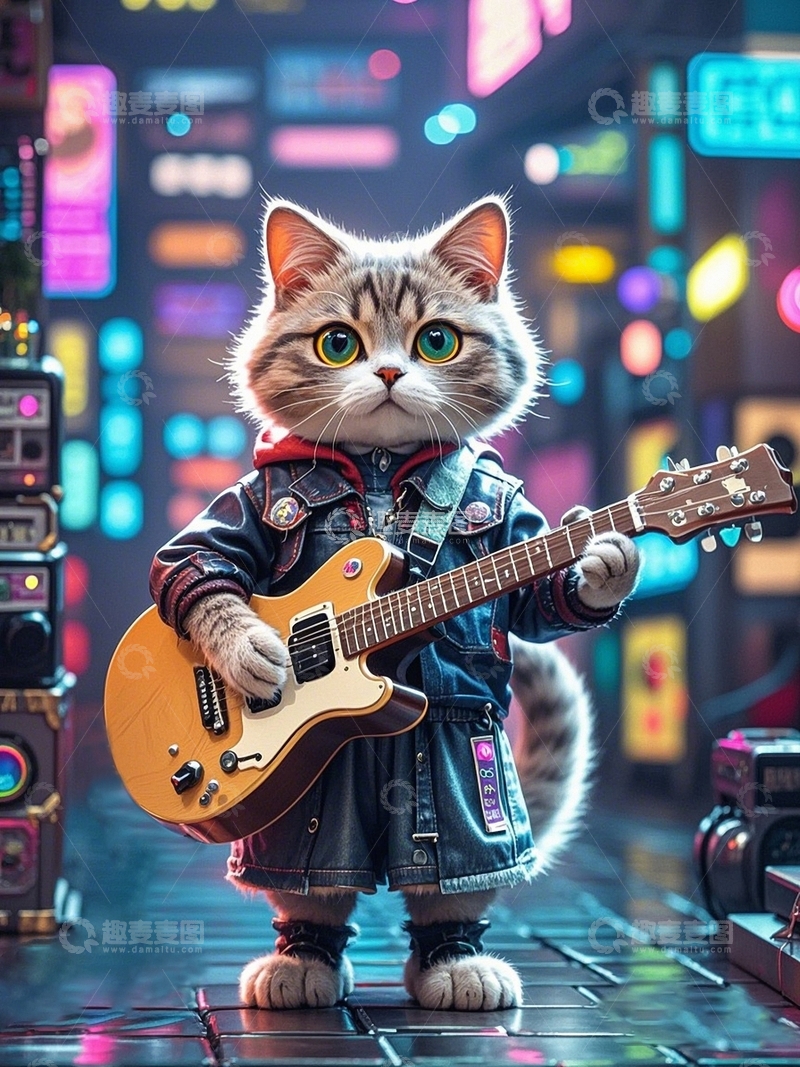 高清大图下载【趣麦麦图】赛博朋克小猫弹吉他