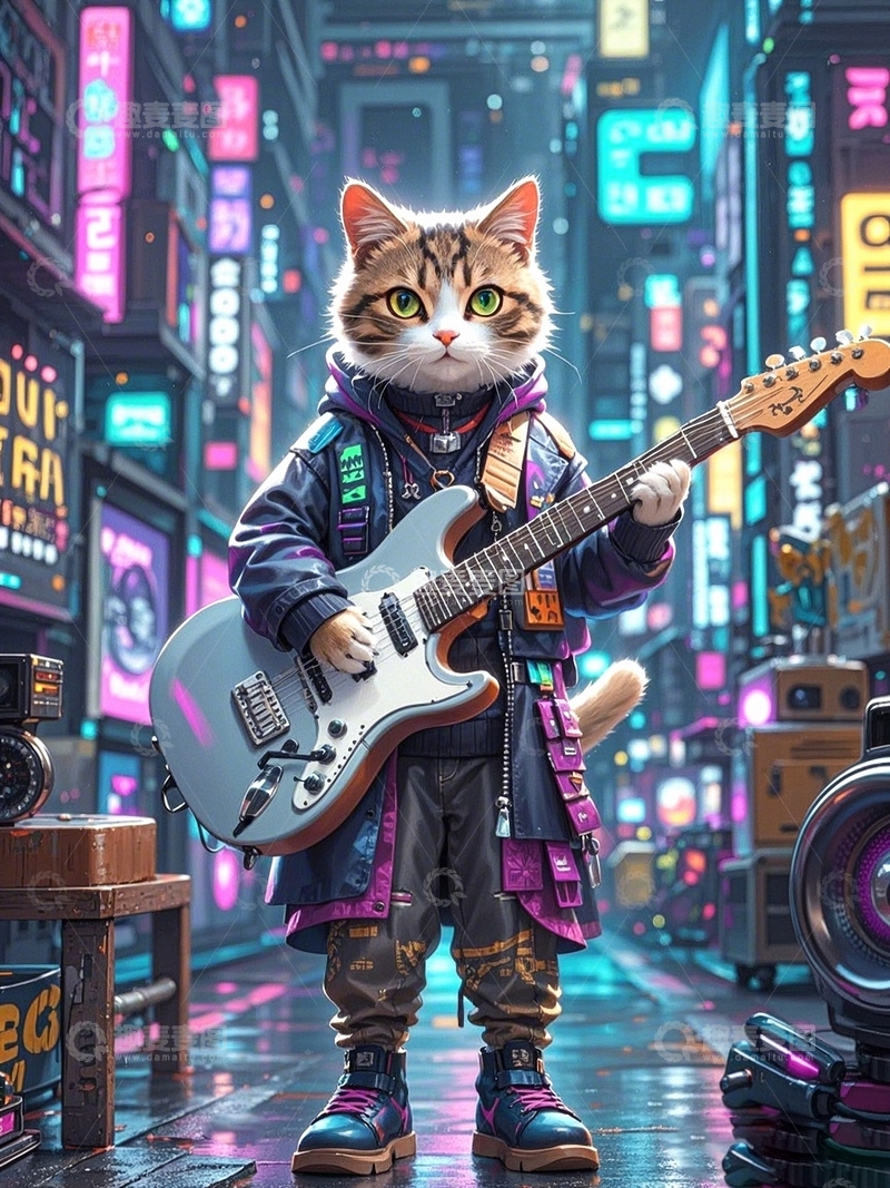 高清大图下载【趣麦麦图】赛博朋克小猫弹吉他3