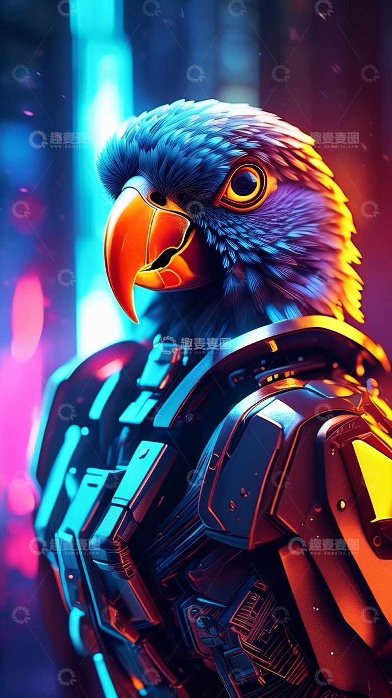 高清大图下载【趣麦麦图】赛博朋克风鹦鹉5
