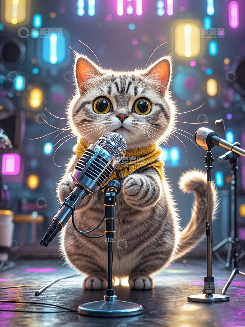 高清大图下载【趣麦麦图】赛博朋克小猫弹吉他2