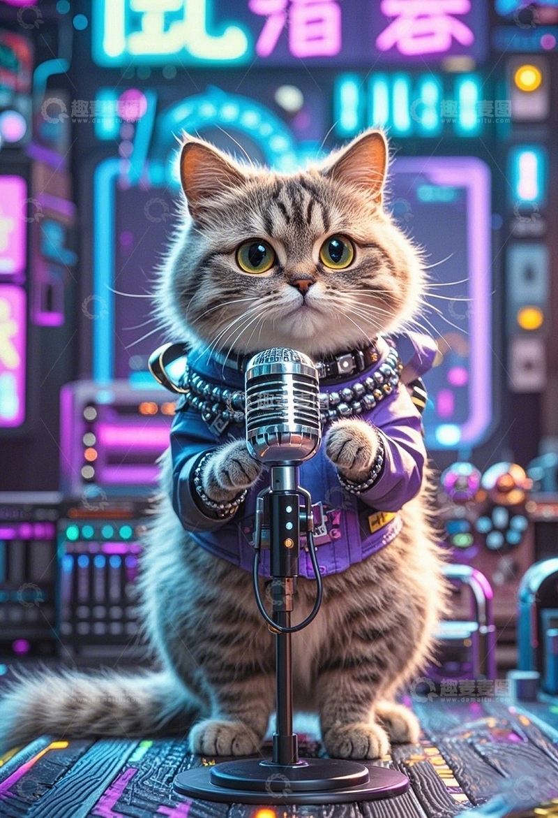 高清大图下载【趣麦麦图】赛博朋克小猫弹吉他4