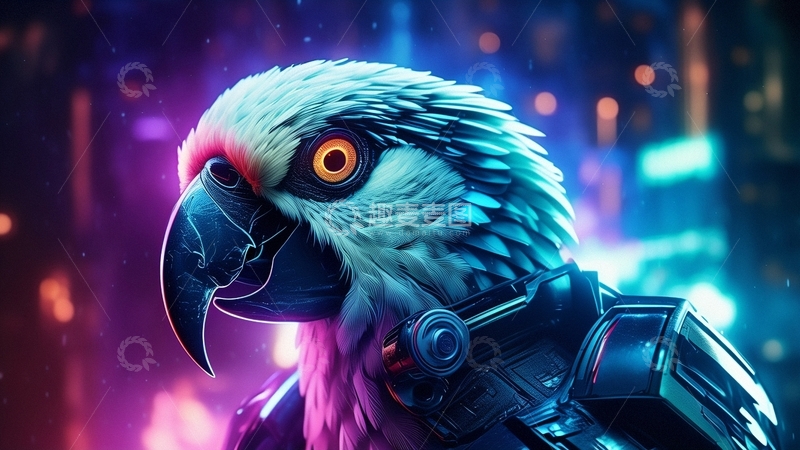 高清大图下载【趣麦麦图】赛博朋克风鹦鹉