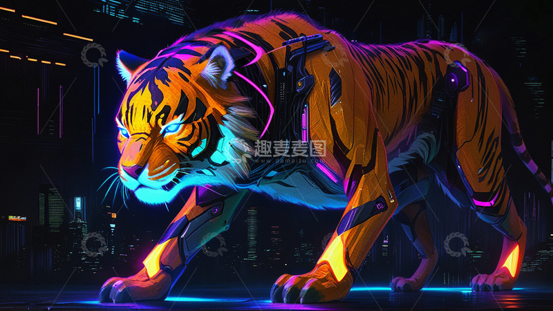 高清大图下载【趣麦麦图】赛博朋克老虎