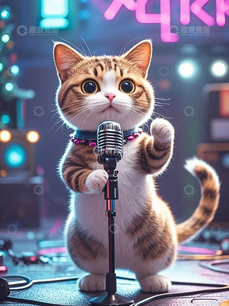 高清大图下载【趣麦麦图】赛博朋克小猫弹吉他5