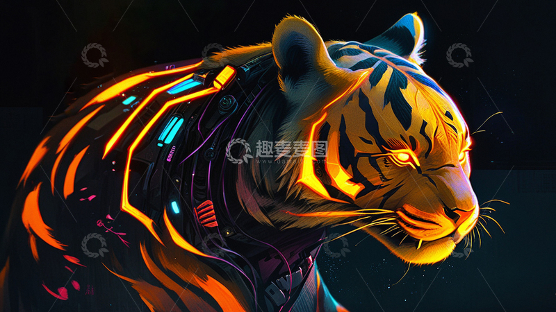 高清大图下载【趣麦麦图】赛博朋克风老虎2