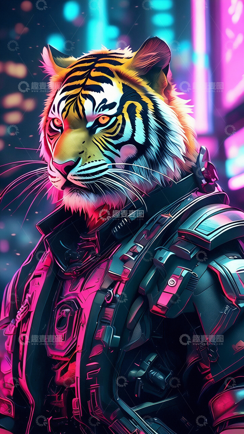 高清大图下载【趣麦麦图】赛博朋克风老虎1