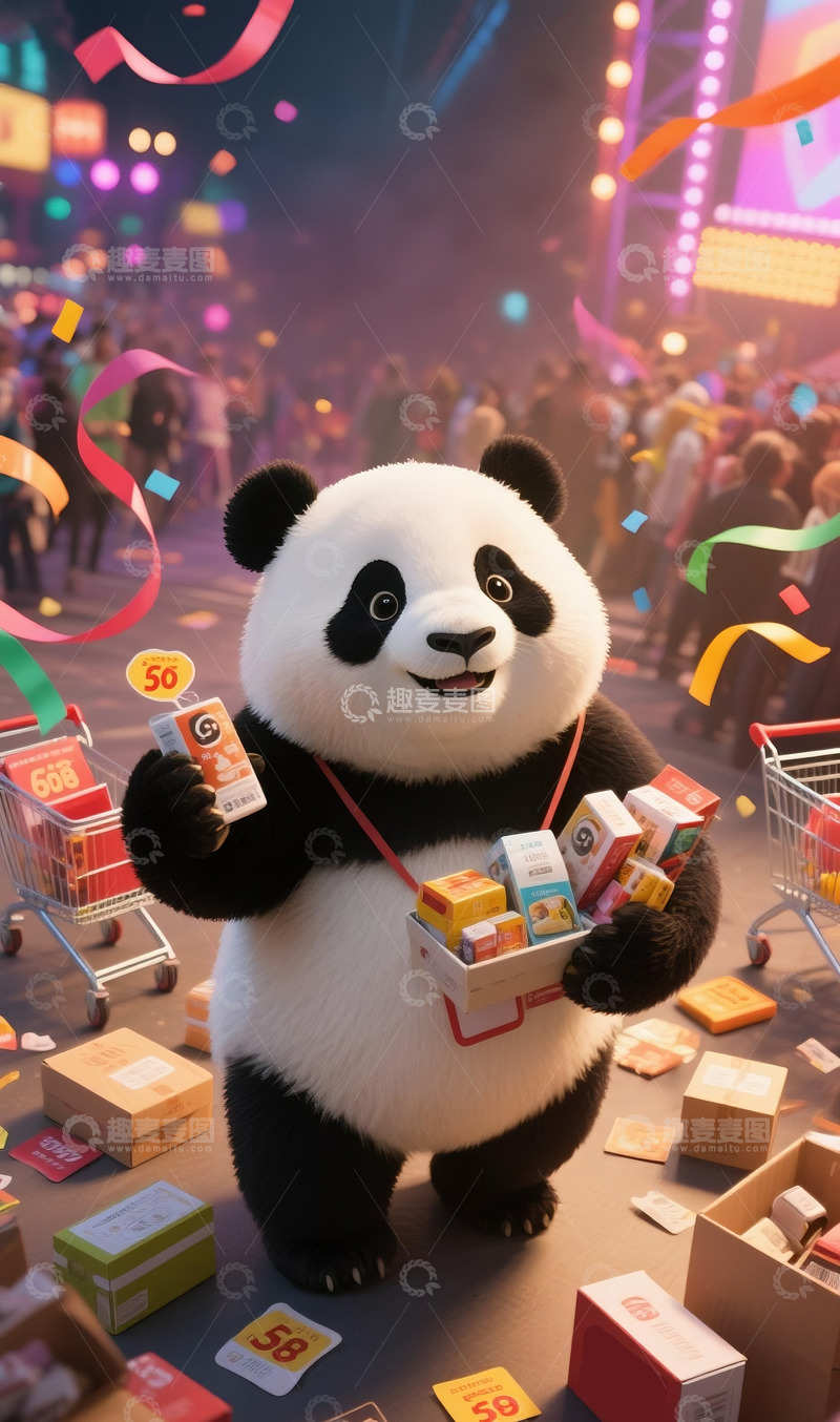 高清大图下载【趣麦麦图】618购物狂欢节彩带欢乐的熊猫