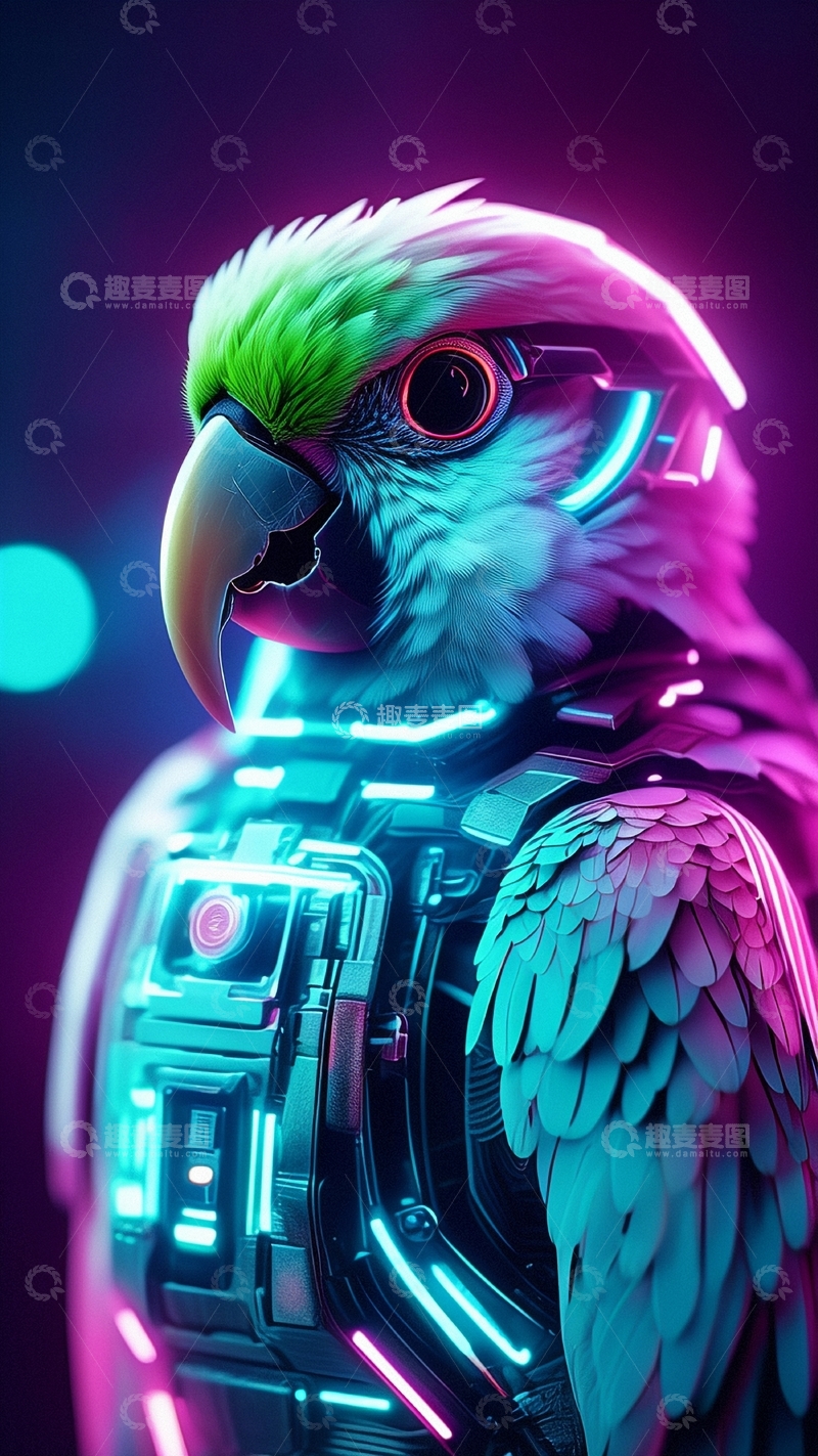 高清大图下载【趣麦麦图】赛博朋克风鹦鹉1