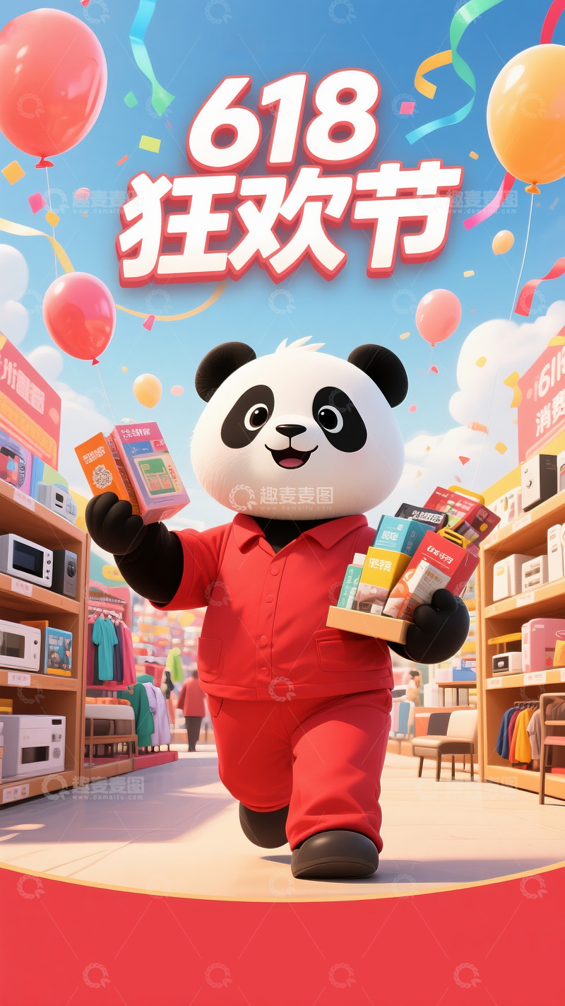 高清大图下载【趣麦麦图】618购物狂欢节彩带气球欢乐的熊猫