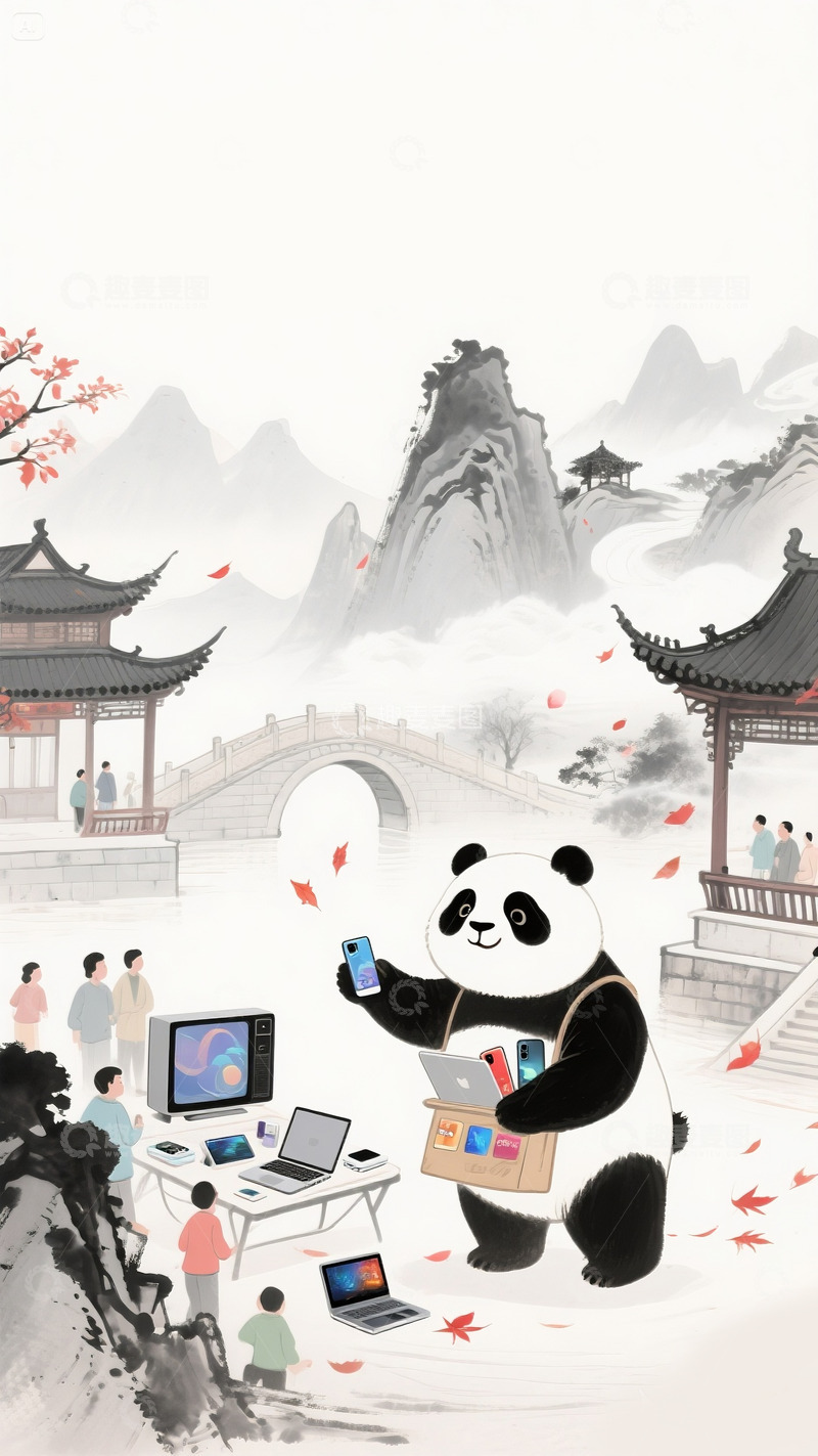 高清大图下载【趣麦麦图】618购物狂欢节卡通熊猫水墨画中国风