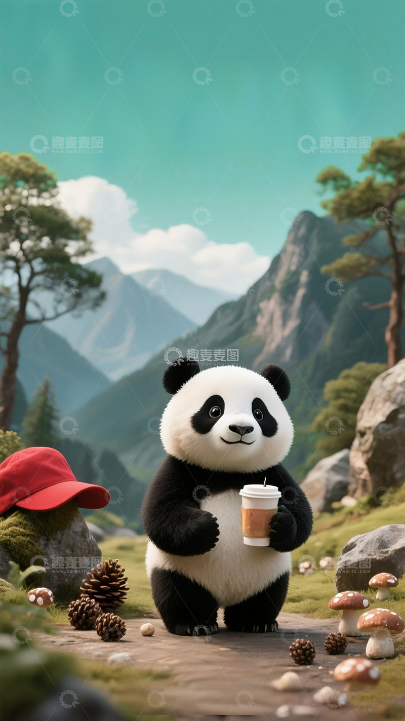 高清大图下载【趣麦麦图】618购物狂欢节戴墨镜的熊猫山水画中国风