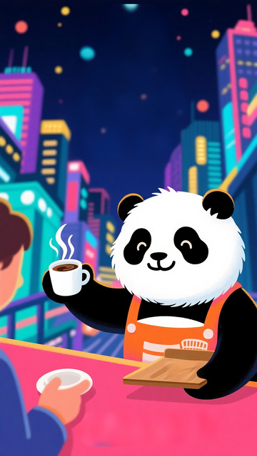 618购物狂欢节可爱熊猫晚上的城市