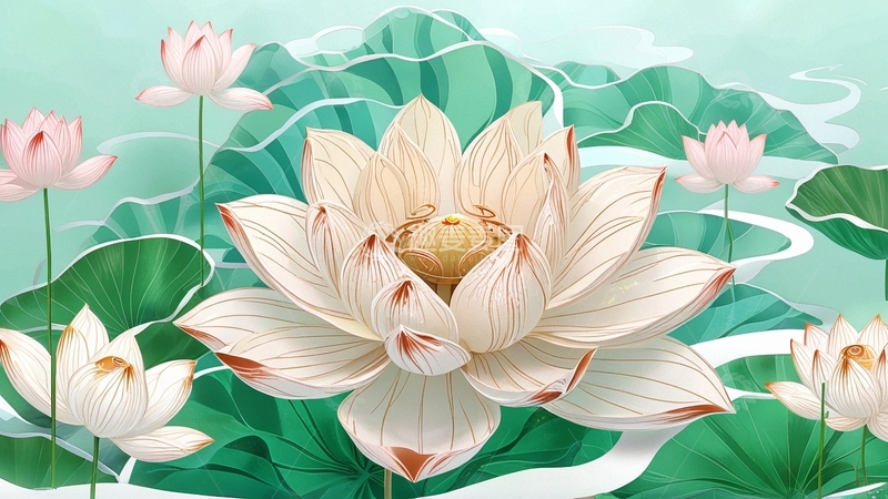 高清大图下载【趣麦麦图】国潮插画荷花背景22