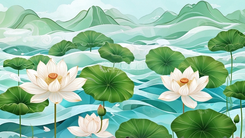 高清大图下载【趣麦麦图】国潮插画荷花背景21