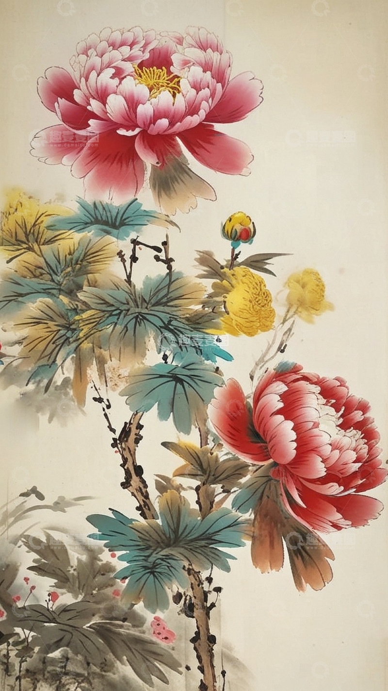 高清大图下载【趣麦麦图】国潮插画牡丹花17