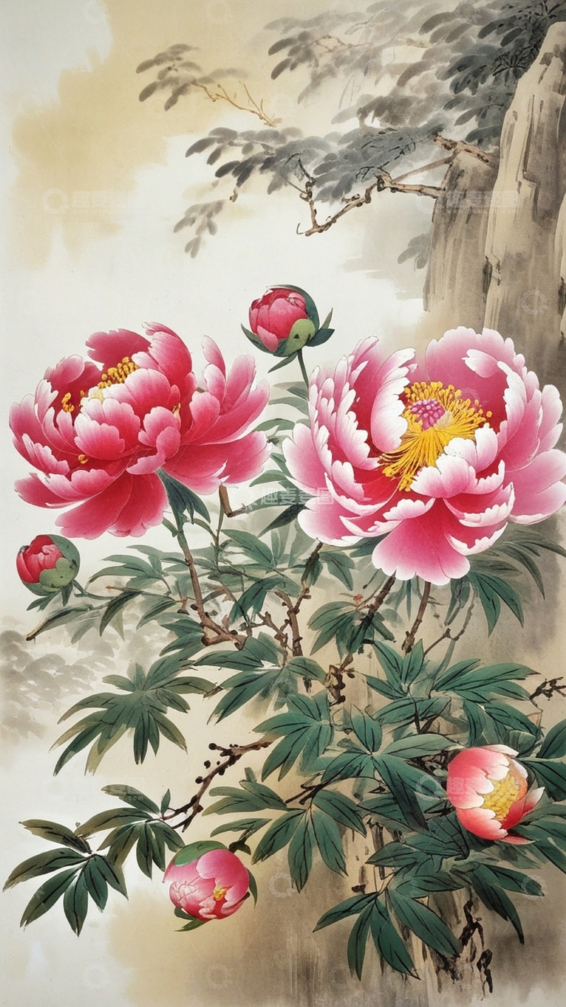 高清大图下载【趣麦麦图】国潮插画牡丹花19