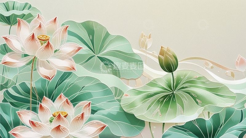 高清大图下载【趣麦麦图】国潮插画荷花背景47