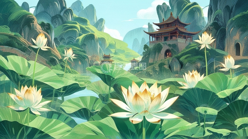 高清大图下载【趣麦麦图】国潮插画荷花背景10