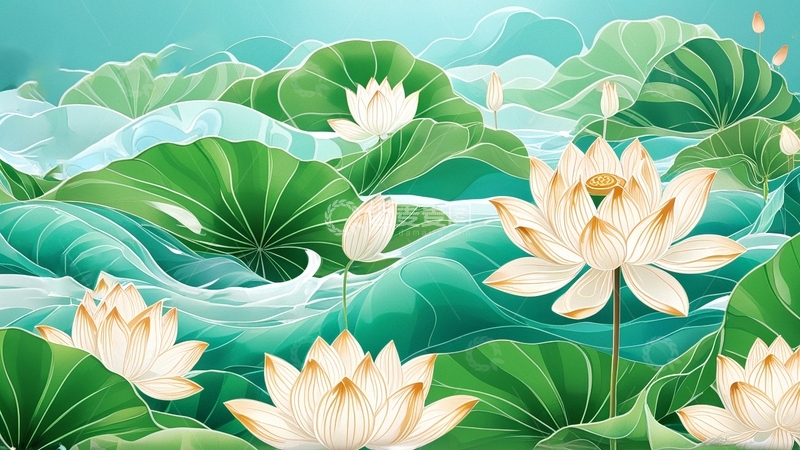 高清大图下载【趣麦麦图】国潮插画荷花背景25