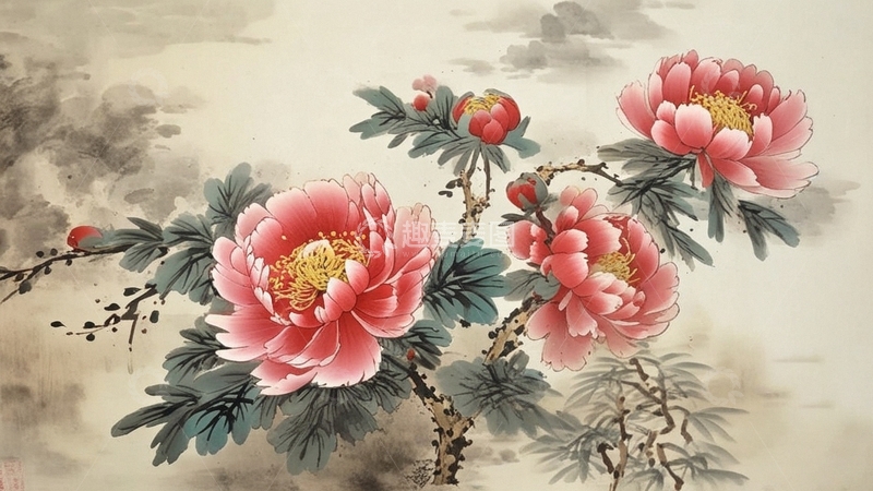 高清大图下载【趣麦麦图】国潮插画牡丹花7