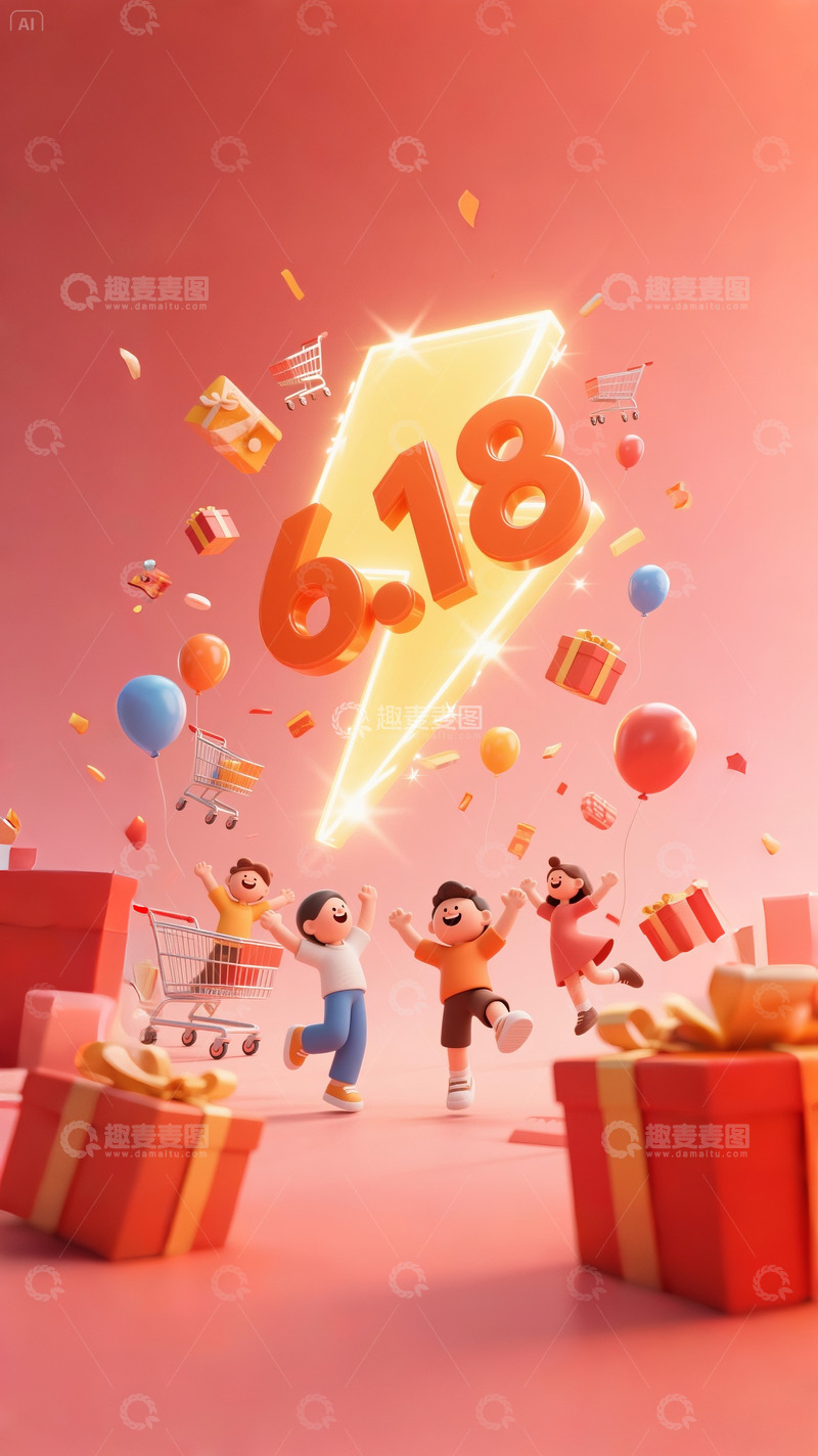 高清大图下载【趣麦麦图】618购物狂欢节开心的人闪电降价1