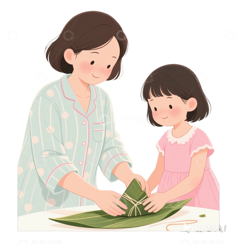 高清大图下载【趣麦麦图】大人小孩一起包粽子免抠元素1