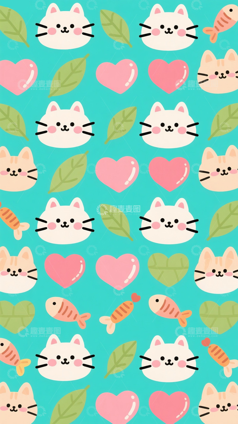 高清大图下载【趣麦麦图】卡通猫底纹绿叶爱心小鱼可爱