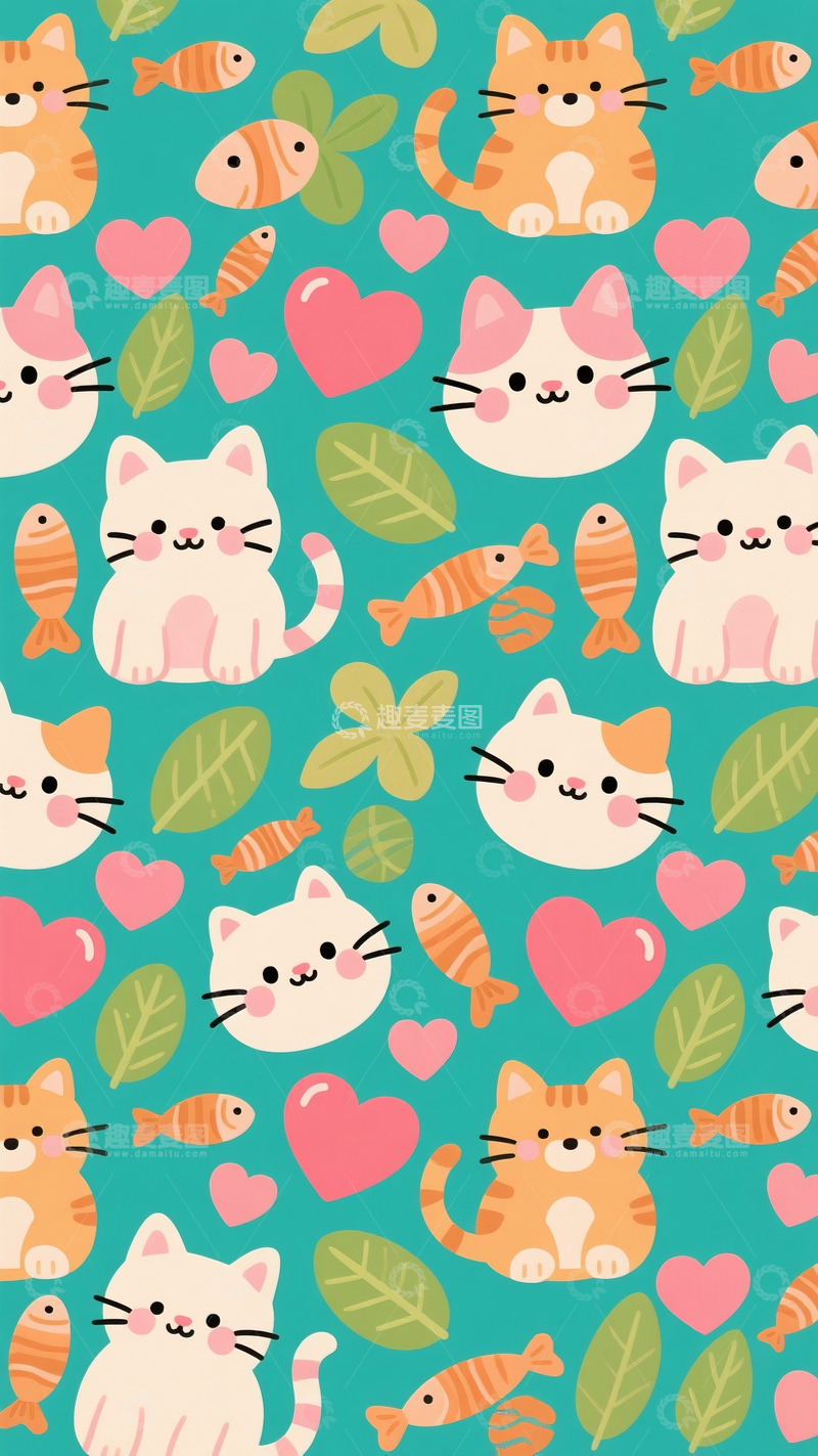 高清大图下载【趣麦麦图】卡通猫底纹绿叶爱心小鱼