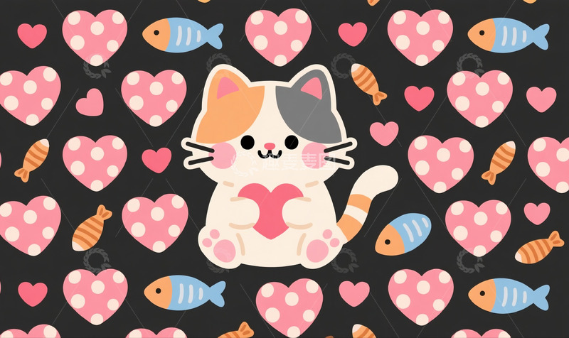 高清大图下载【趣麦麦图】卡通猫底纹小鱼可爱