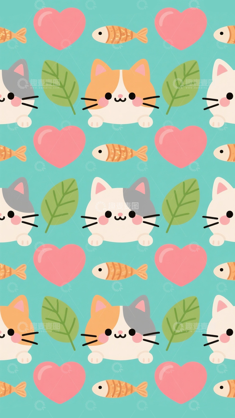 高清大图下载【趣麦麦图】卡通猫底纹绿叶爱心小鱼1