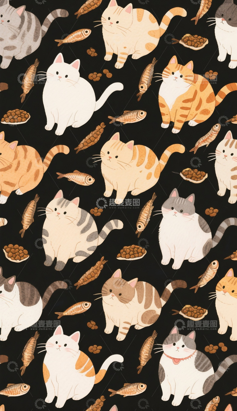 高清大图下载【趣麦麦图】卡通猫底纹小鱼黑底