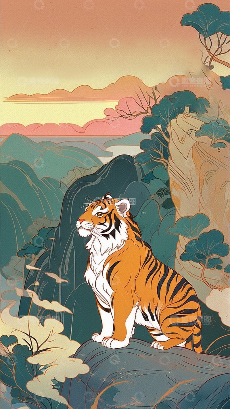 高清大图下载【趣麦麦图】国潮插画老虎2