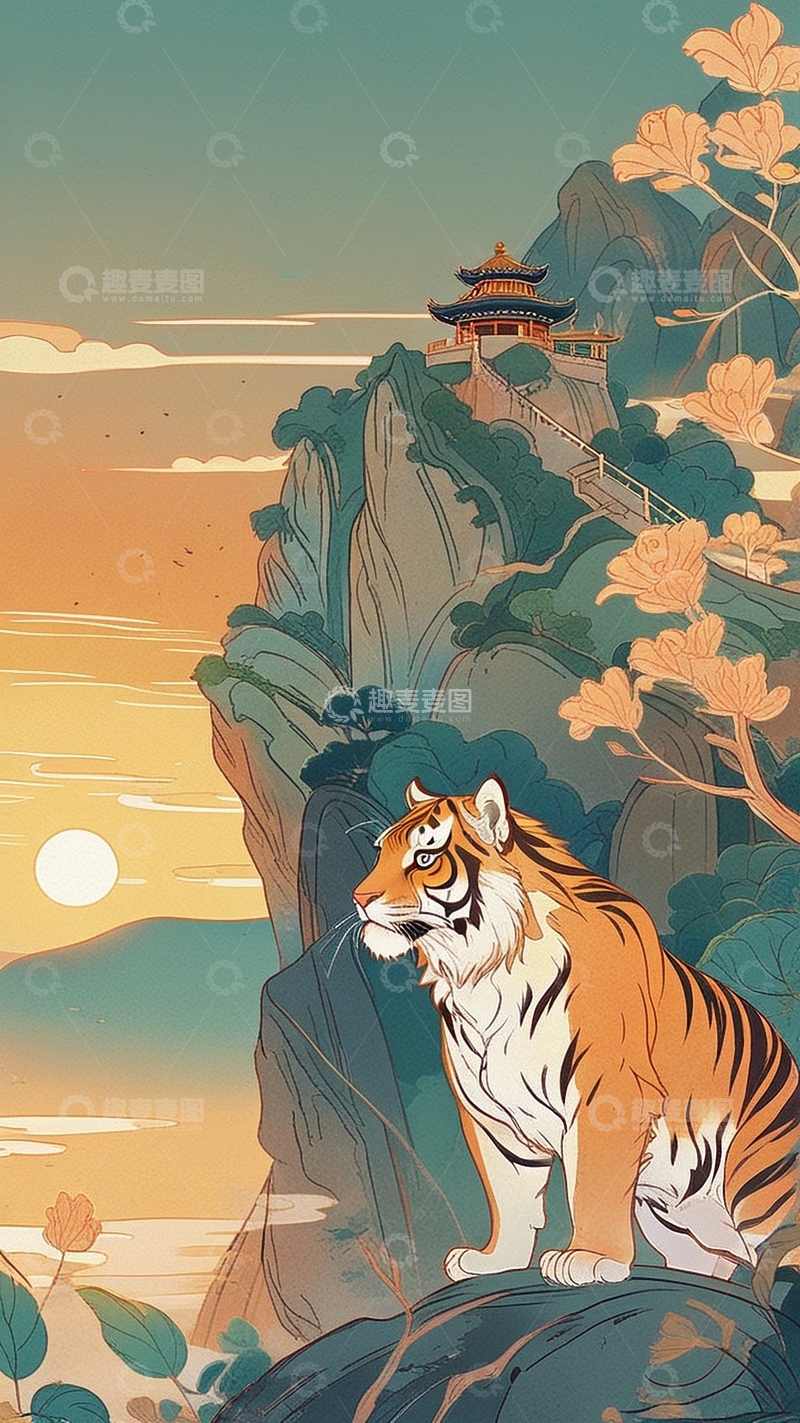 高清大图下载【趣麦麦图】国潮插画老虎7