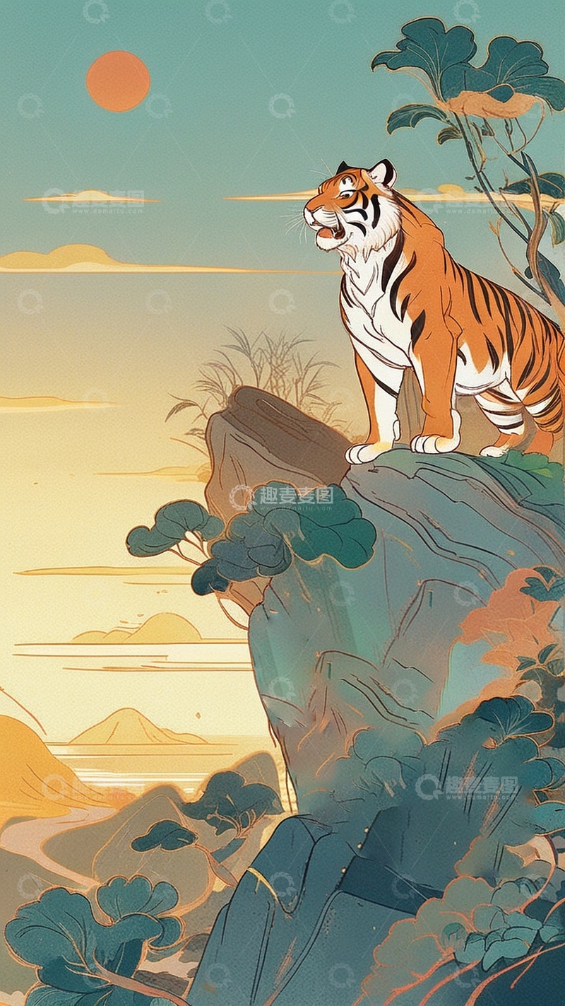 高清大图下载【趣麦麦图】国潮插画老虎5