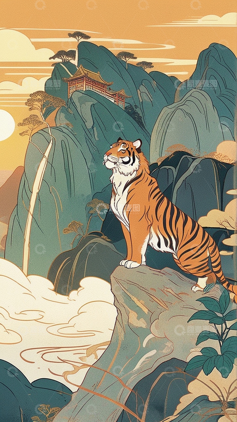 高清大图下载【趣麦麦图】国潮插画老虎6