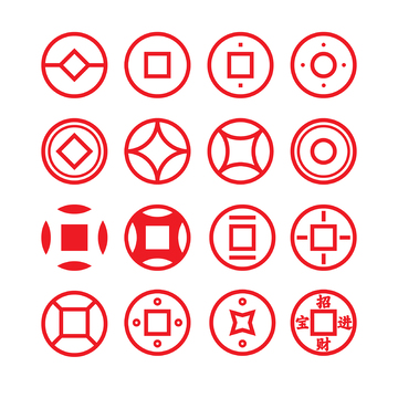 中国风复古传统铜钱纹金钱纹方孔钱图标