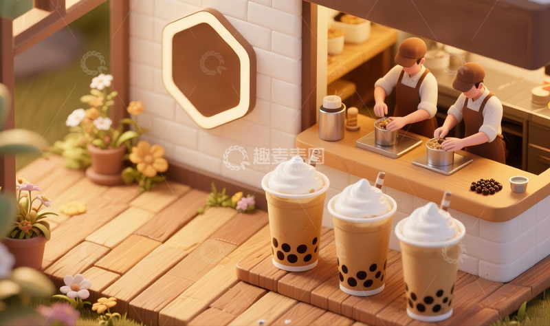高清大图下载【趣麦麦图】奶茶店广告图片卡通人物珍珠奶茶吧台