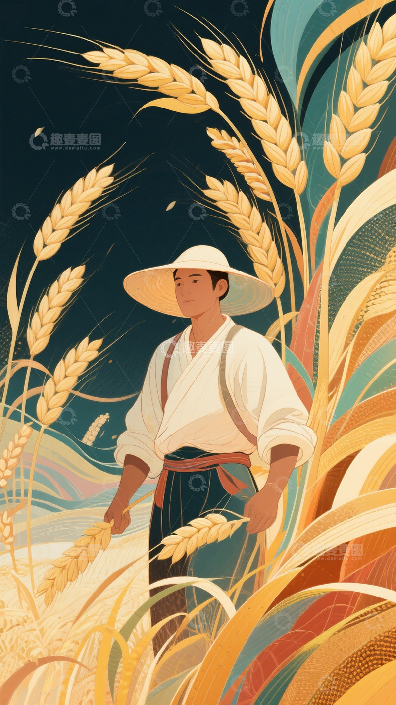 高清大图下载【趣麦麦图】芒种背景农民小麦蓝天白云丰收耕种7