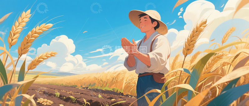 高清大图下载【趣麦麦图】芒种背景农民小麦蓝天白云丰收耕种4